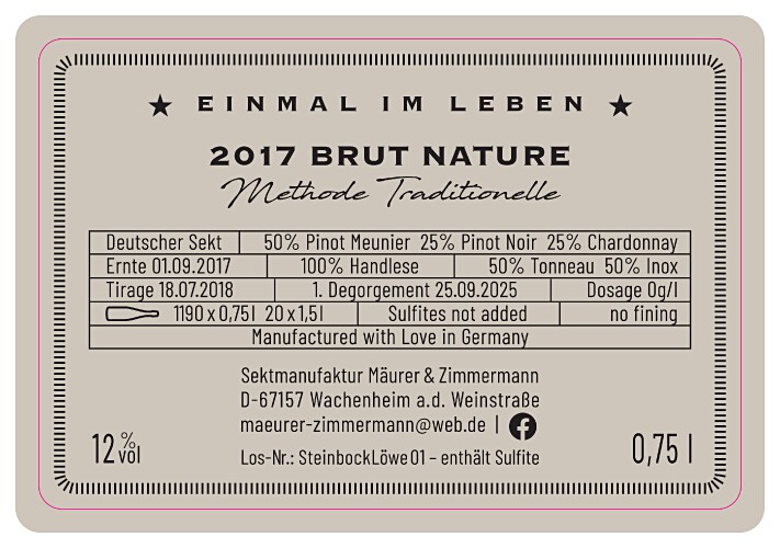 2017 Einmal im Leben Sektmanufaktur Mäurer & Zimmermann / Weingut Gerhard Mäurer GdbR / Dackenheim in der Pfalz | © Weingut Gerhard Mäurer GdbR